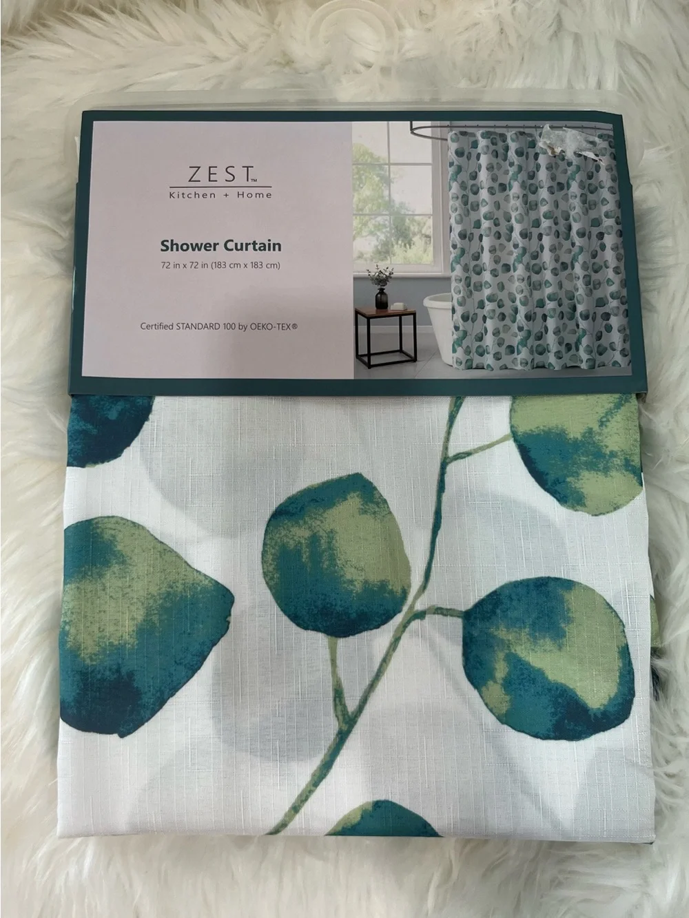 ZEST Kitchen + Home Shower Curtain 72” x 72” Green Teal Leaf Print
